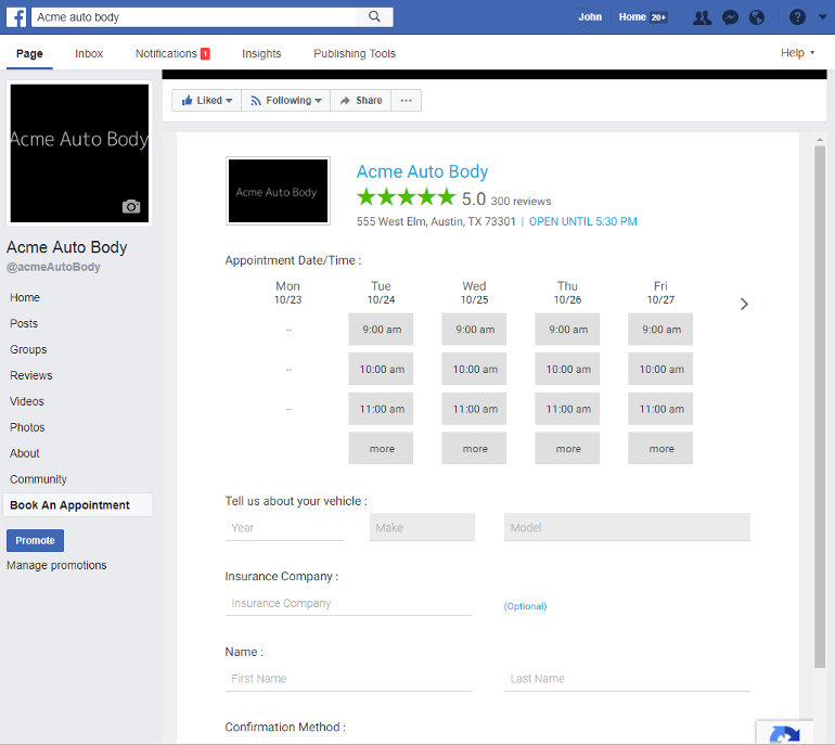 Schedule an Appointment facebook page tab
