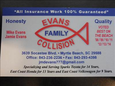 Evans Family Collision 3639 Socastee Blvd., Myrtle Beach, SC 29588 Evans Family Collision Logo